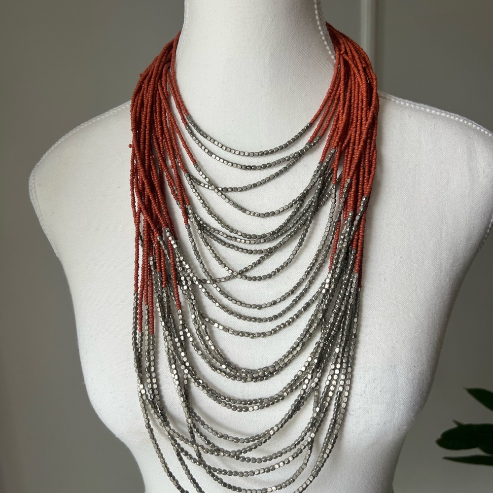 Terracotta & Silver Multi-Layered Necklace–Cascading Beads, Fall Statement
